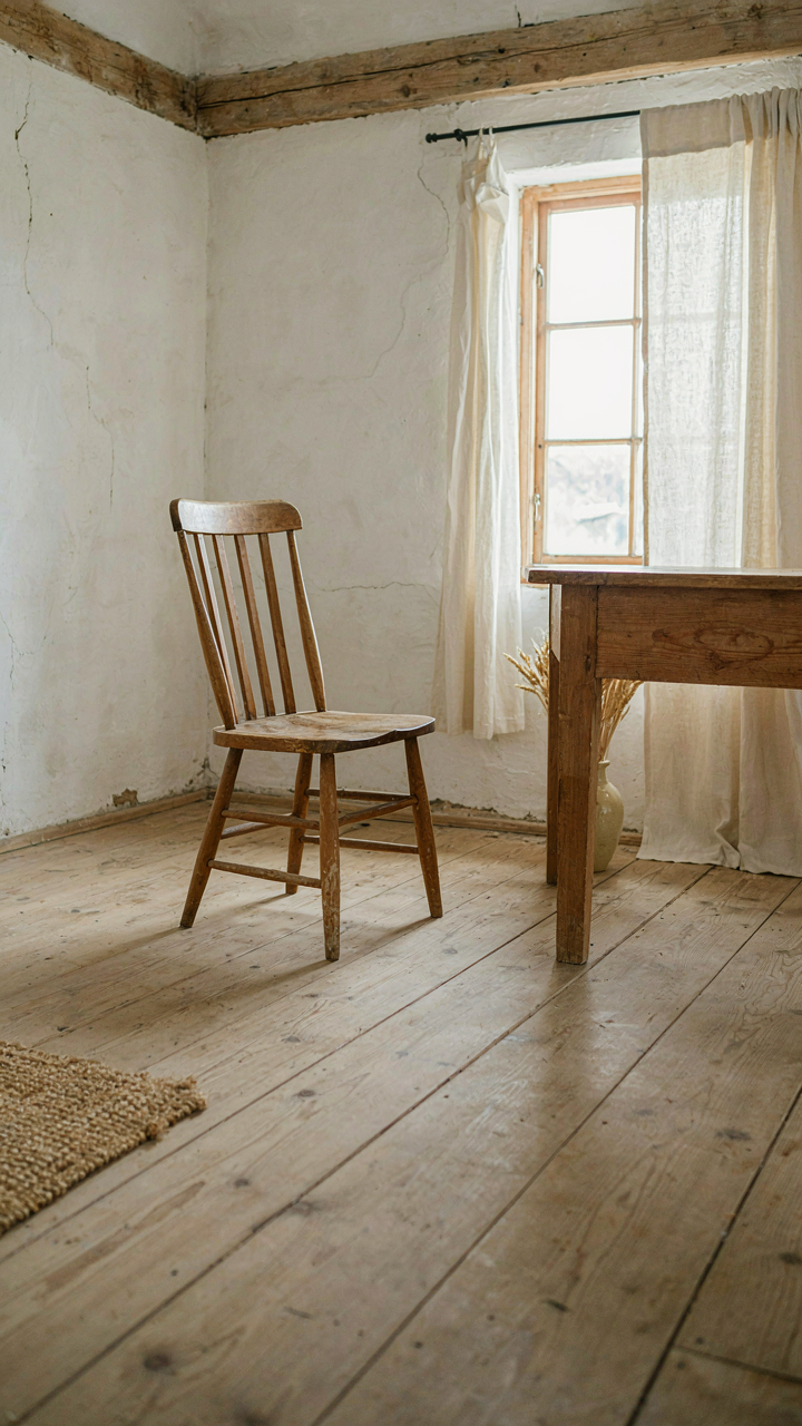 A well-worn wooden chair sits by a simple wooden table in a farmhouse room.