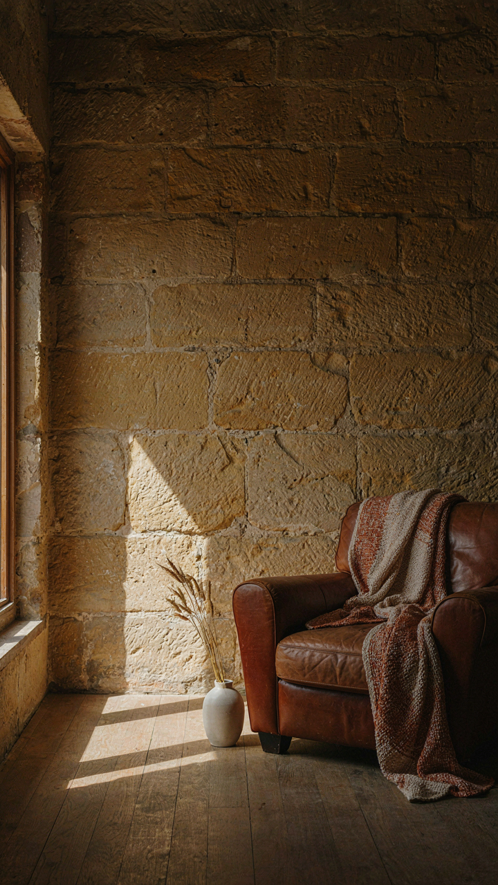 A thick stone wall absorbing warm sunlight inside a building.