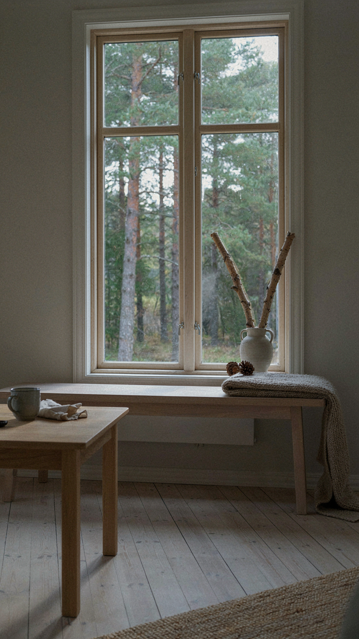A large window in a Scandinavian cabin frames tall pine trees.