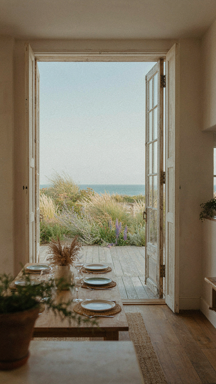Open bifold doors connect a coastal dining room to an outdoor patio.