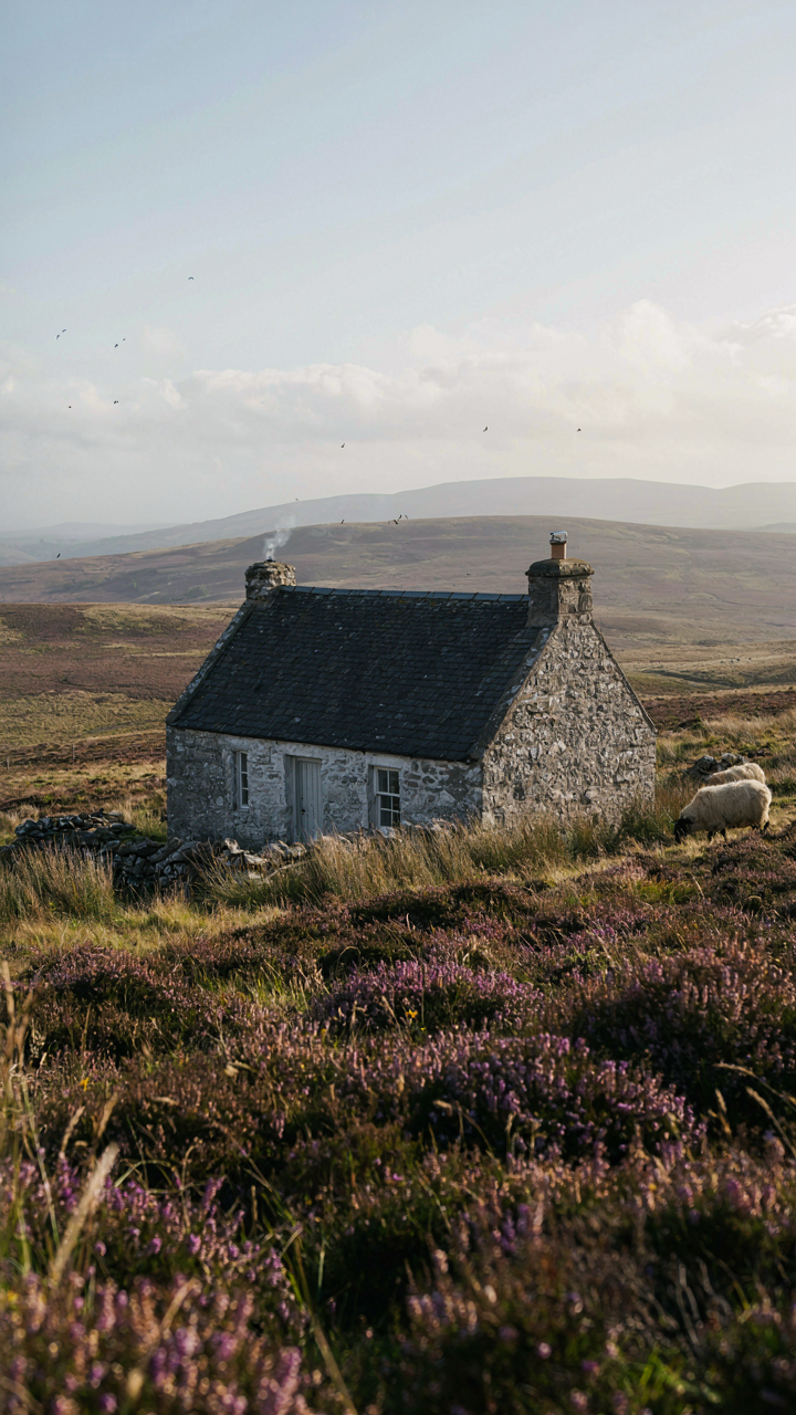A scottish cottage surrounded by native heather and grasses on a moorland.