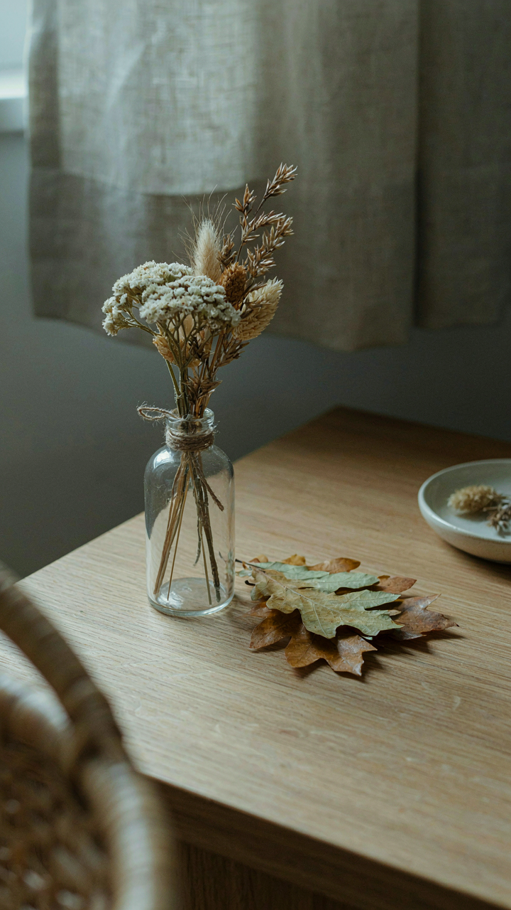Foraged dried seed heads and branches in a glass bottle on a nightstand.