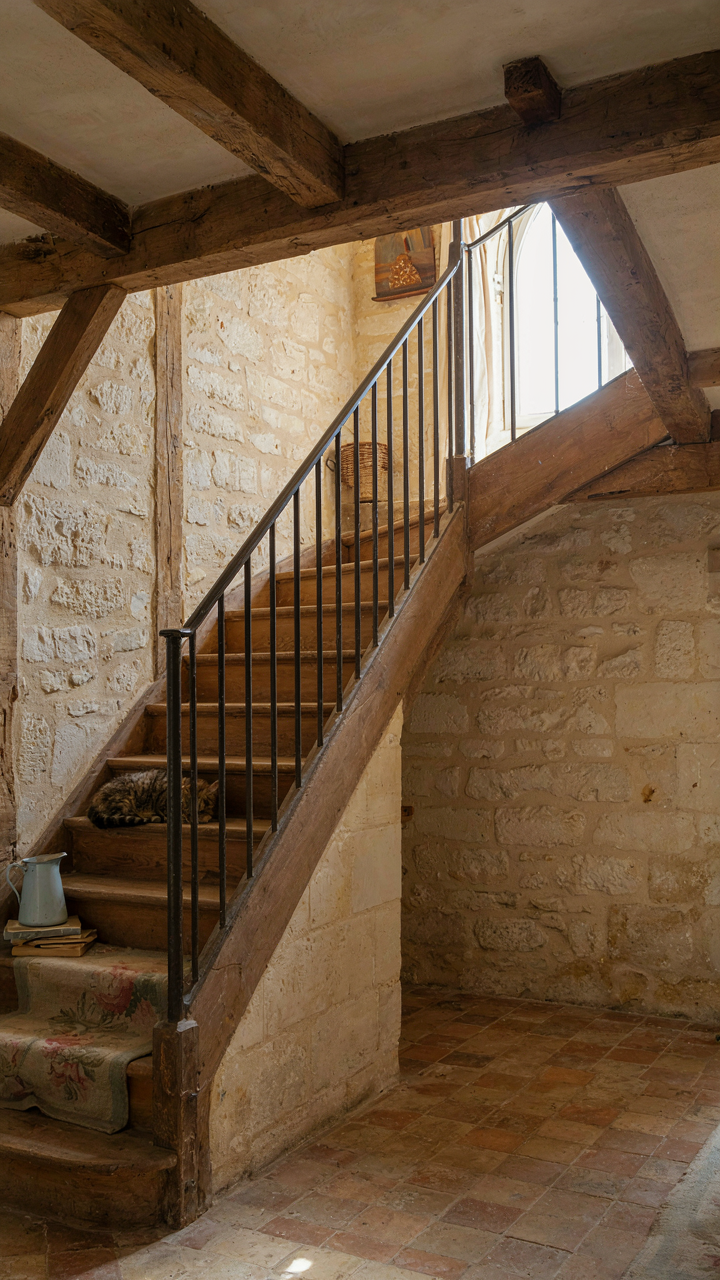 A provincial French staircase made of timber and iron, integrated into stone walls.