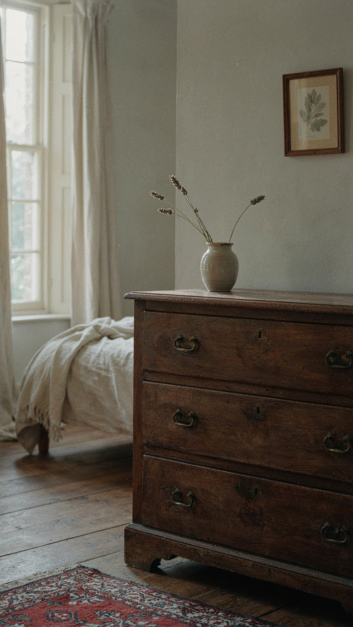 A weathered wooden chest of drawers with darkened patina in an english cottage bedroom.