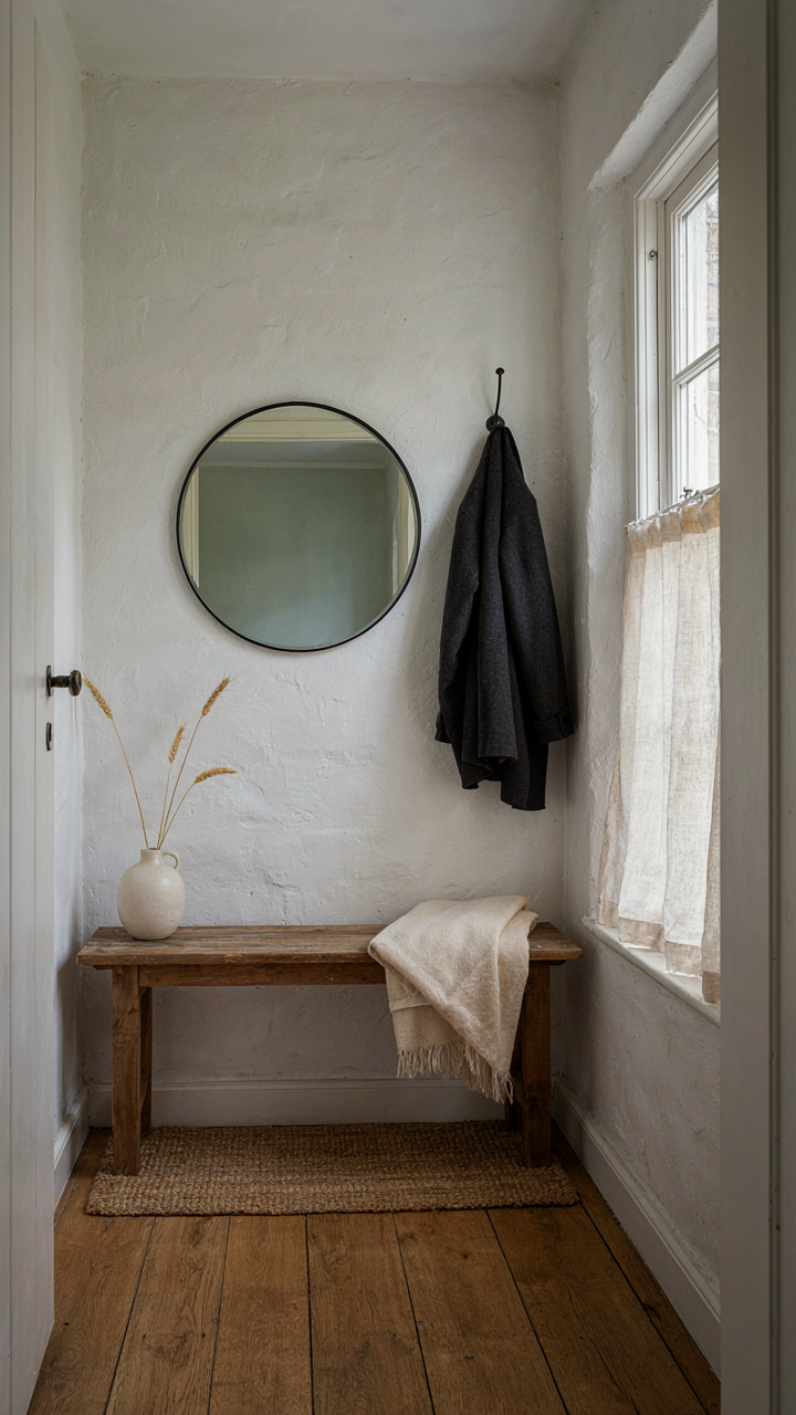 A small, functional cottage entryway with a narrow bench and a coat hook.