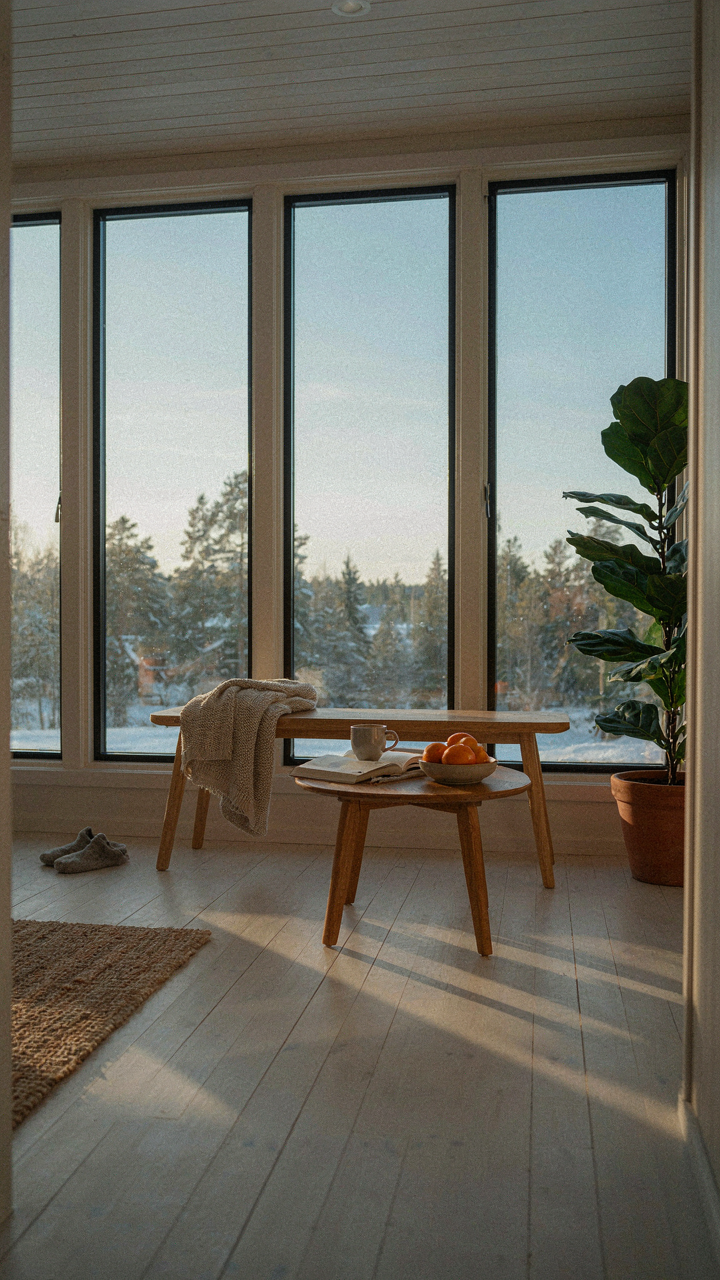 Large windows in a scandinavian tiny house, capturing low winter sun.