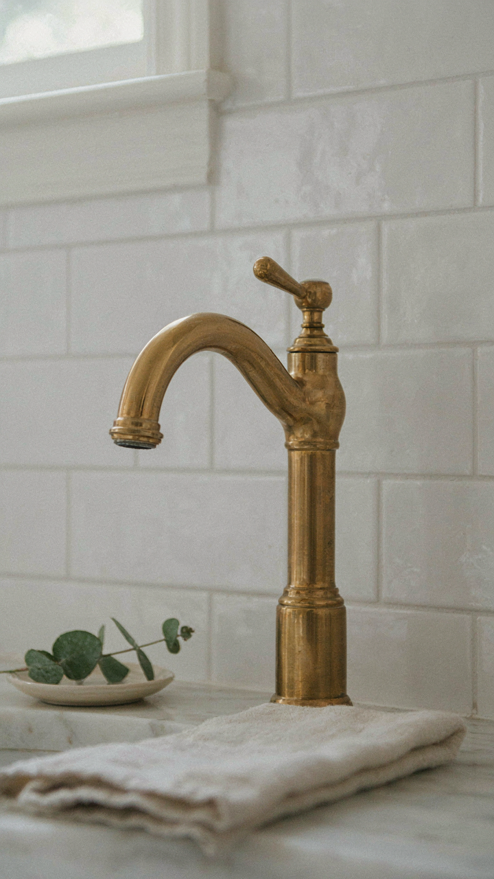 A high-grade brass faucet and white subway tile in a coastal cottage bathroom.