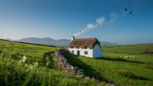 A charming thatched irish cottage sits on a green hillside with distant mountains.