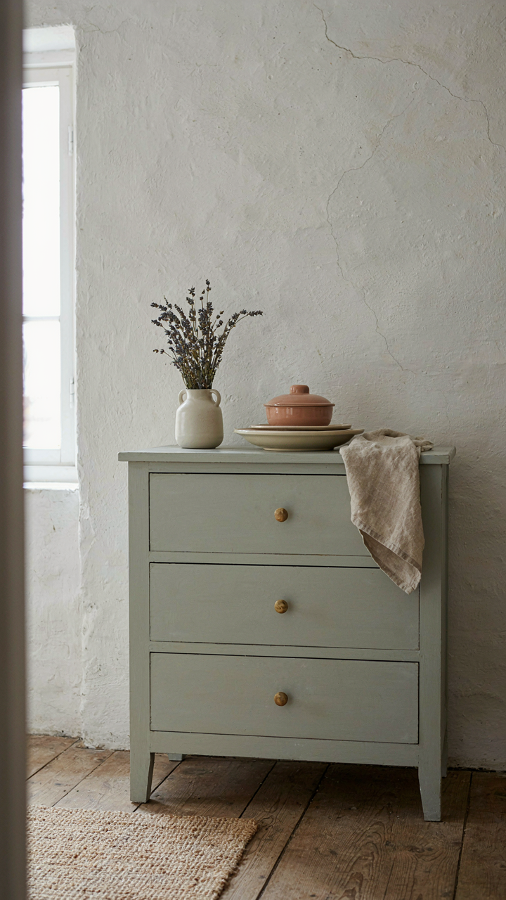 A simple painted wooden dresser blends into a wall, holding practical dishes.