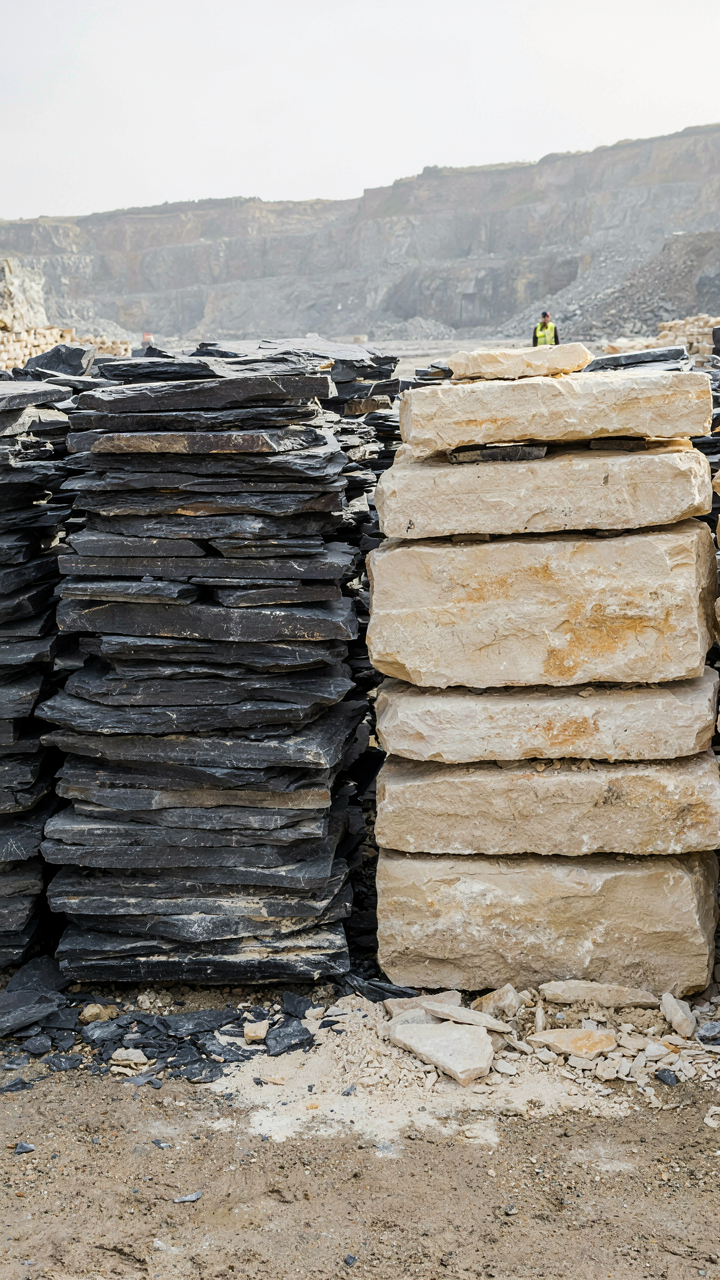Two piles of stone, dark Welsh slate and lighter Irish limestone, side by side.