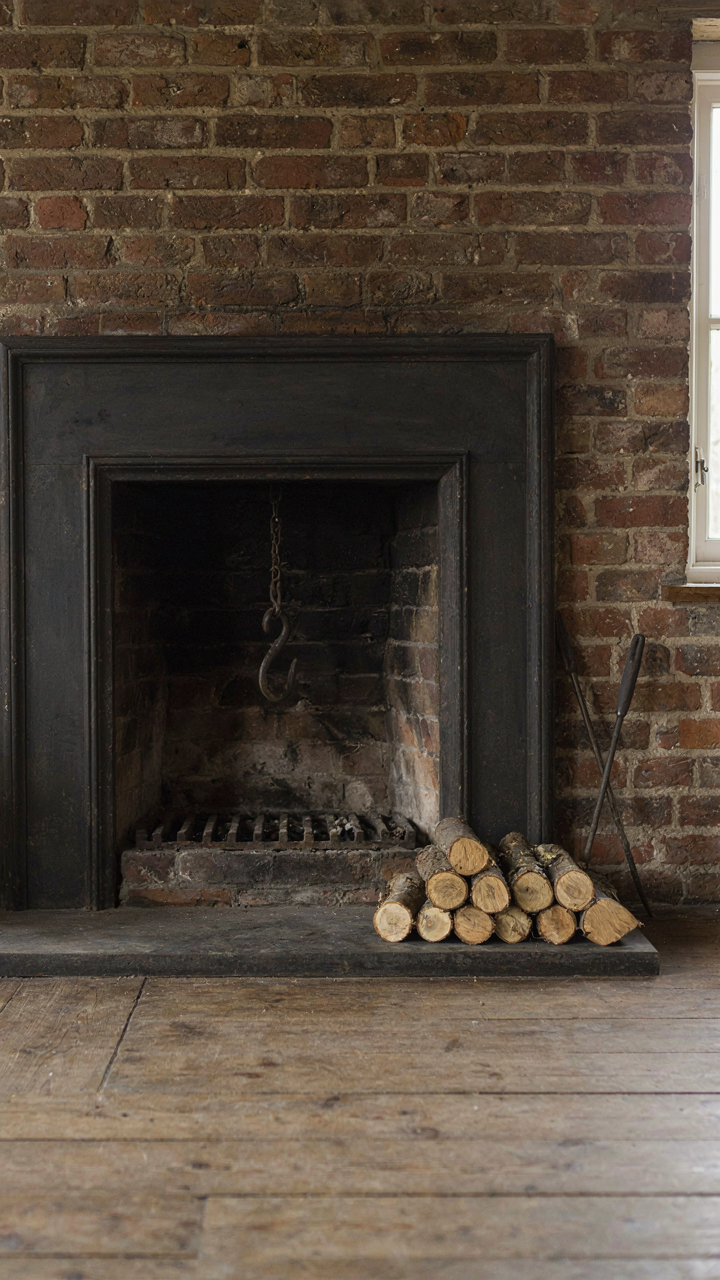 A simple cast iron fireplace with a crane hook in a bare brick cottage.