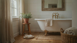 A rustic, bright bathroom with a clawfoot tub and shiplap walls.