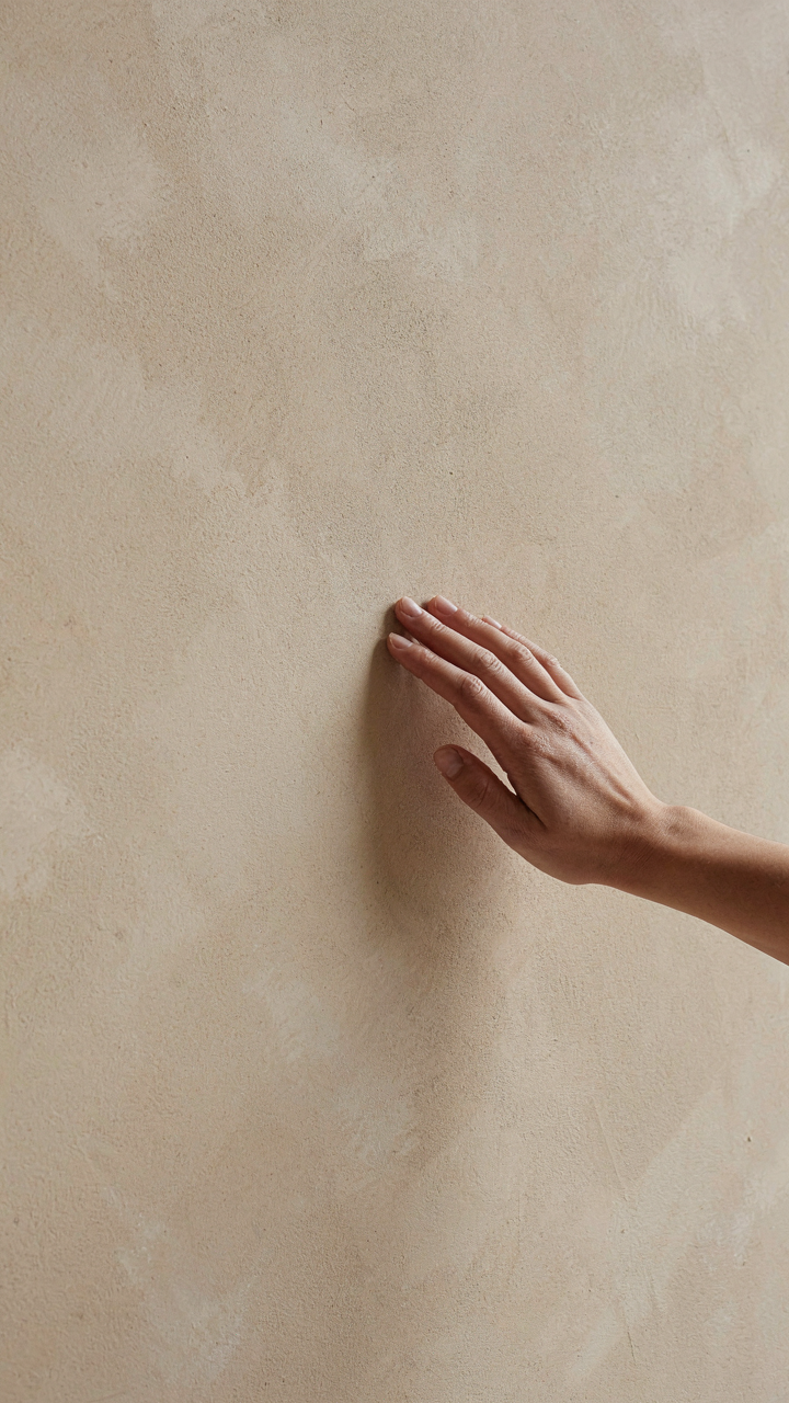 A hand touches a matte-finished, warm neutral wall, showing its soft texture.