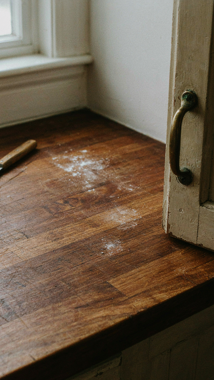 A close-up of a weathered butcher block and a vintage brass handle.