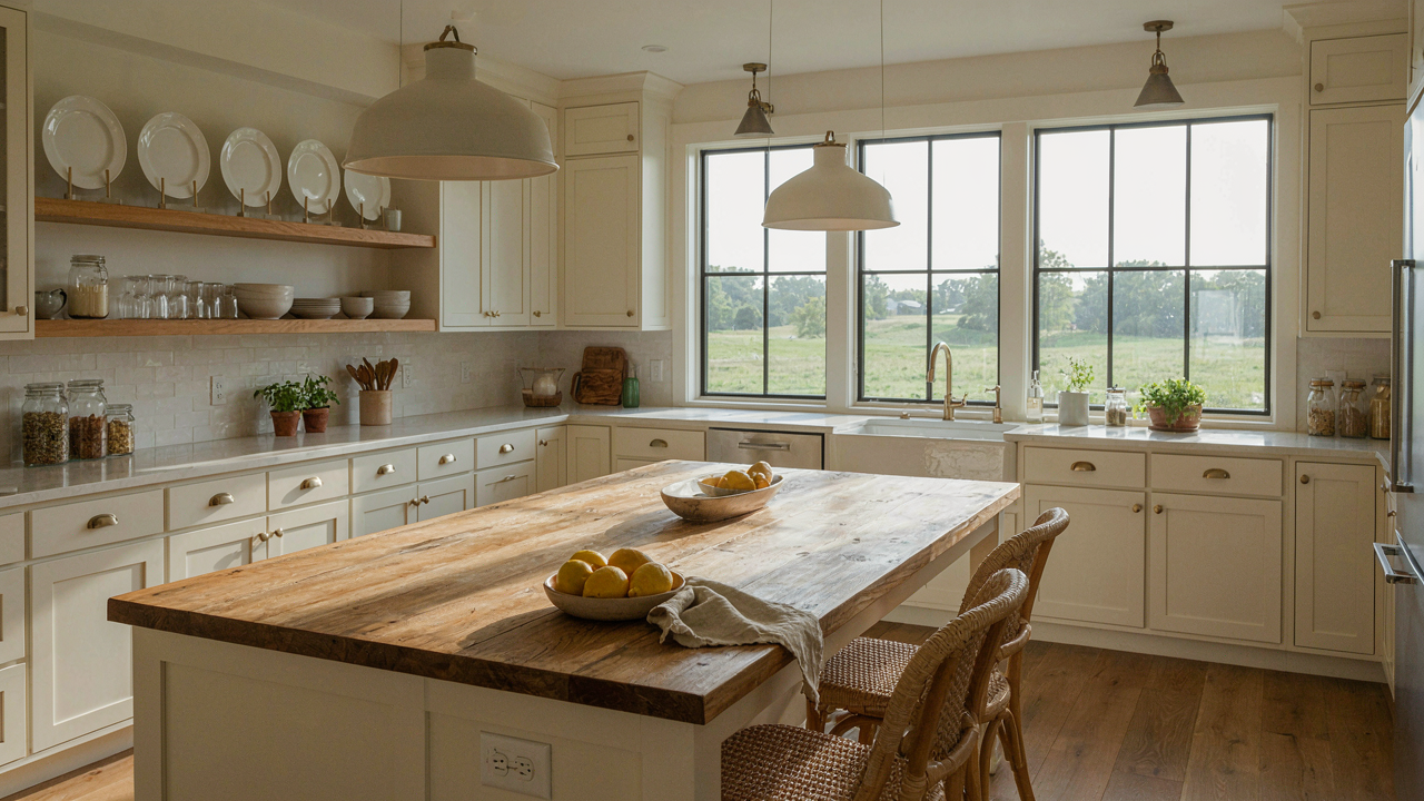 A sunlit Joanna Gaines kitchen with a large island and open shelves.