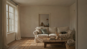 A warm, light-filled farmhouse living room with high ceilings and white walls.