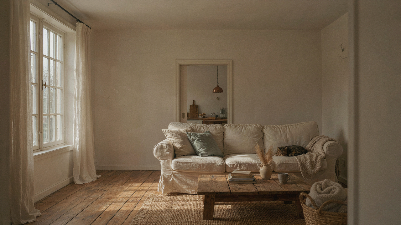 A warm, light-filled farmhouse living room with high ceilings and white walls.