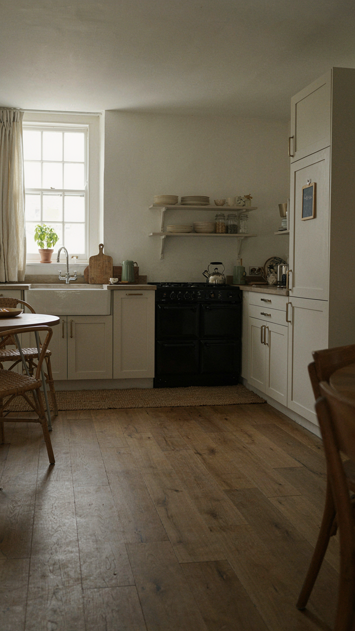 An L-shaped small farmhouse kitchen with an efficient work triangle and natural light.