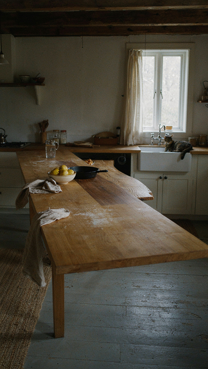 An asymmetrical butcher block counter in a cabin kitchen shows a visible contrasting wood patch.