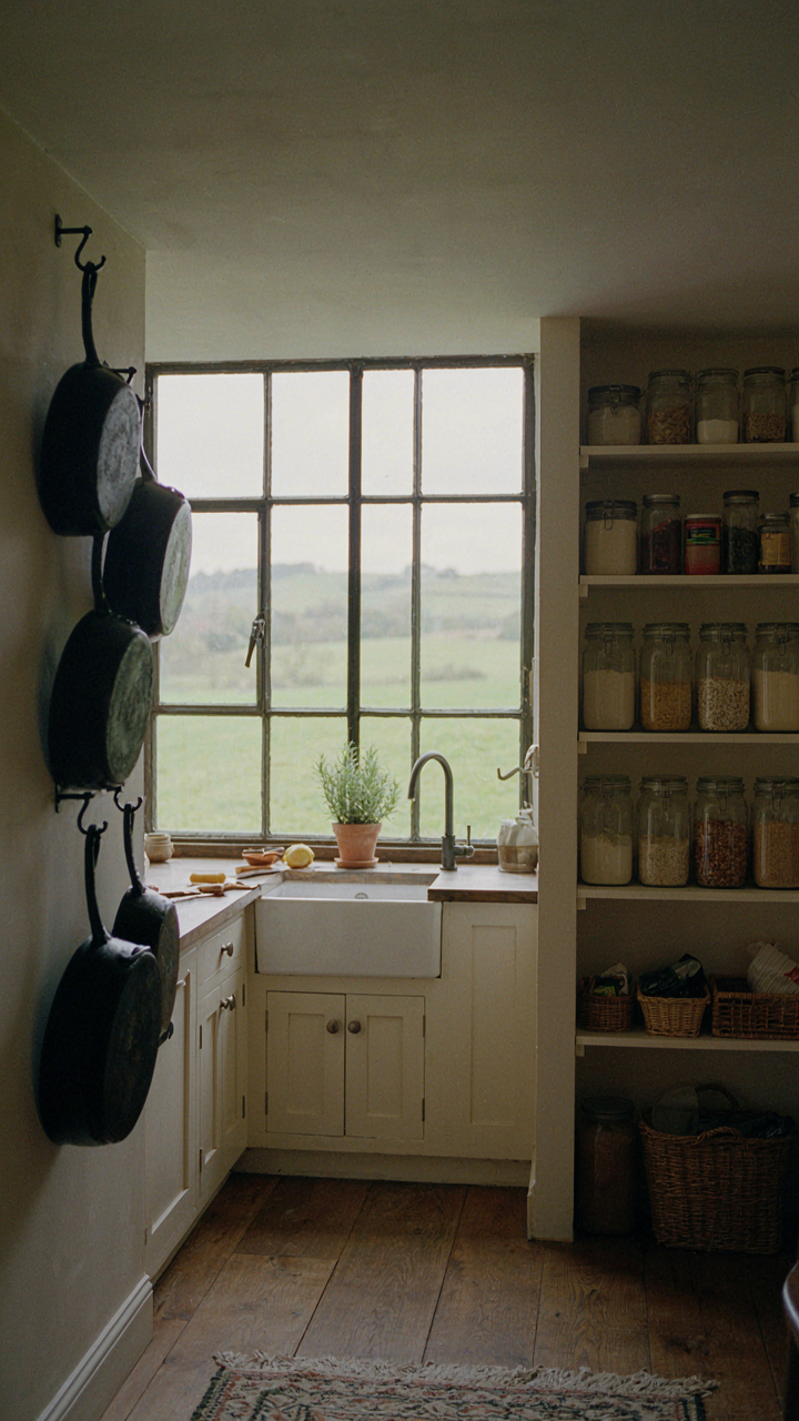 Cast iron pans hang on a kitchen wall next to an open pantry.