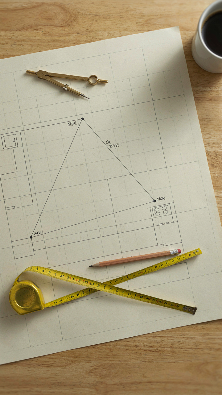 A kitchen blueprint shows an optimized work triangle layout.