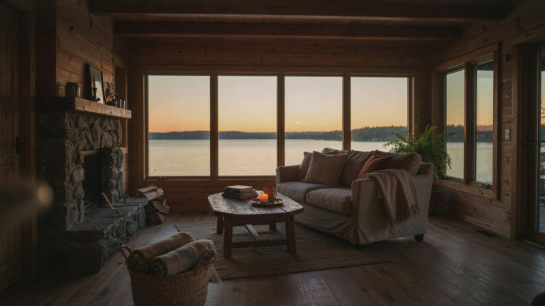 A warm, inviting lake cabin living room with a stone fireplace and lake view.
