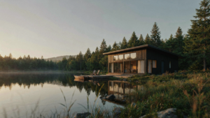 Modern lake cabin with glass windows reflecting the peaceful lake at sunrise.