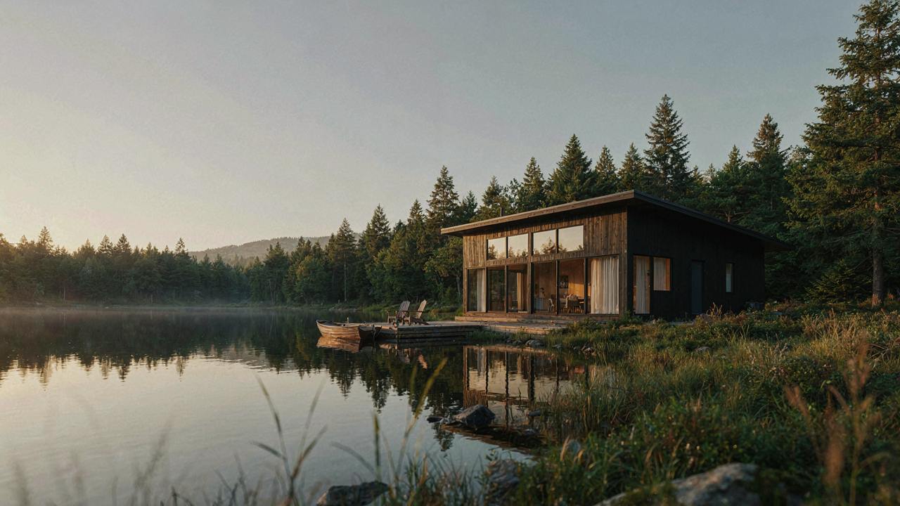 Modern lake cabin with glass windows reflecting the peaceful lake at sunrise.