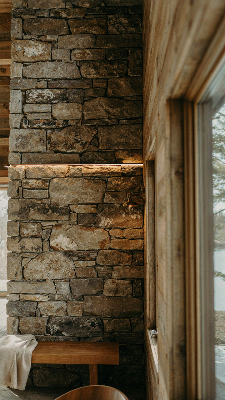 A textured stone wall in a lake cabin interior with recessed lighting.