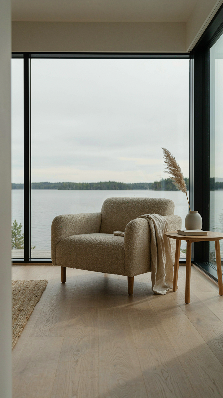 A minimalist lake house living room with a chair and lake view.