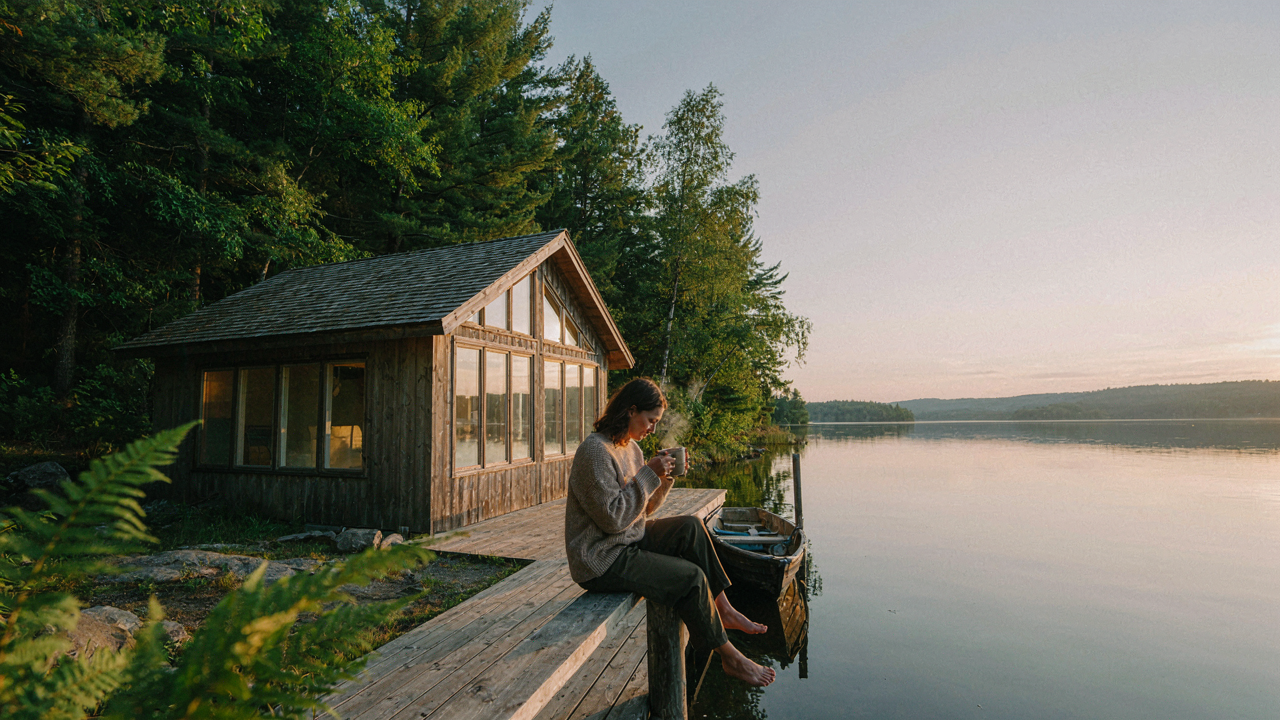 A small, tranquil lake cottage overlooking a calm lake at sunrise, a person on the deck.