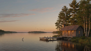 A tranquil lake house on the water at sunrise, surrounded by trees.