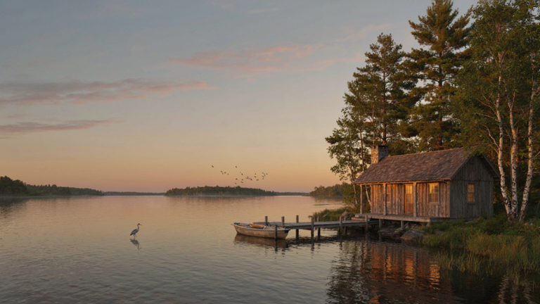 A tranquil lake house on the water at sunrise, surrounded by trees.