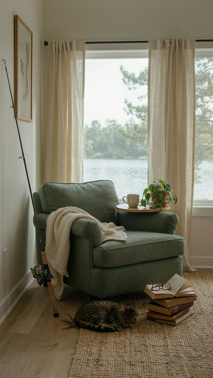 A fishing rod leans by an armchair and books in a lake house.