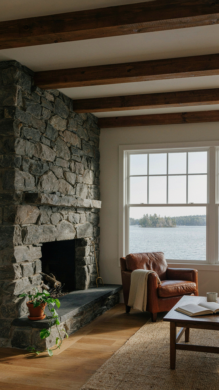 A stone fireplace with exposed beams overlooks a lake.
