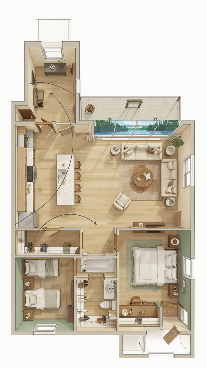 An aerial view of simple lake cottage plans showing clear pathways and wide doorways.