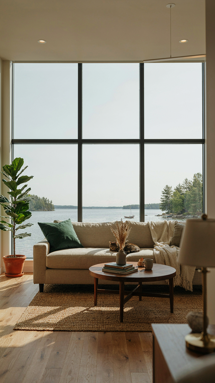 Lake cabin living room with seating facing a large window and a clear lake view.