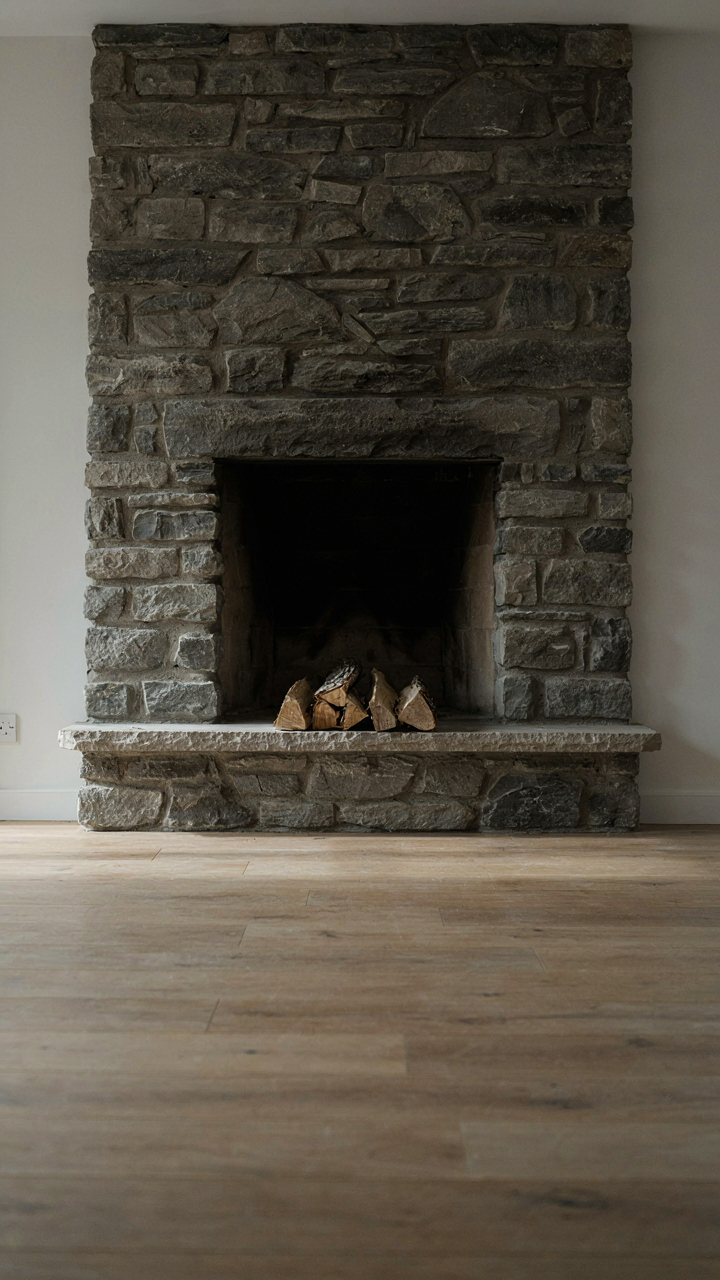 A large, bare stone fireplace is the focal point in a minimalist living room.