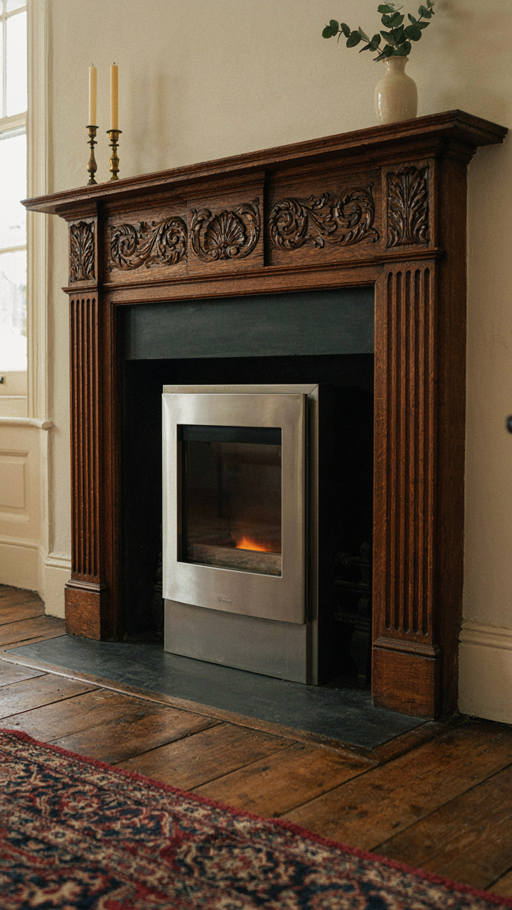 An ornate Victorian fireplace mantel sits above a modern gas grate.