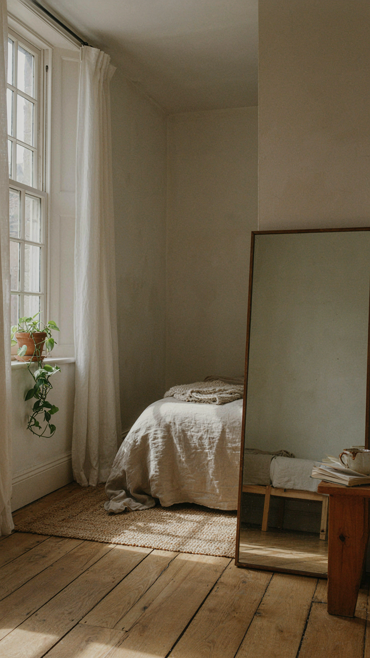 A mirror opposite a window reflects warm light into a small cottage bedroom.