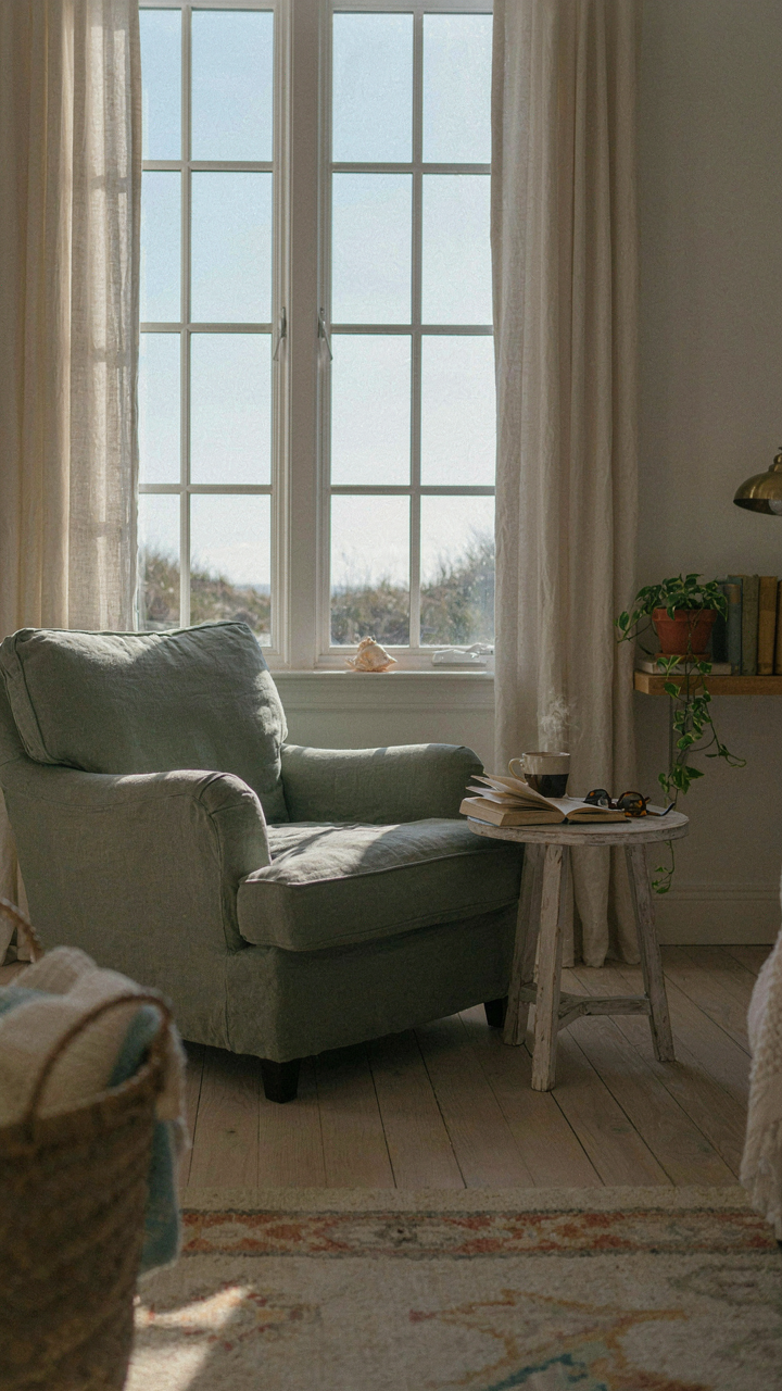 Reading chair facing a window, morning sunlight streaming in, with a coffee cup.