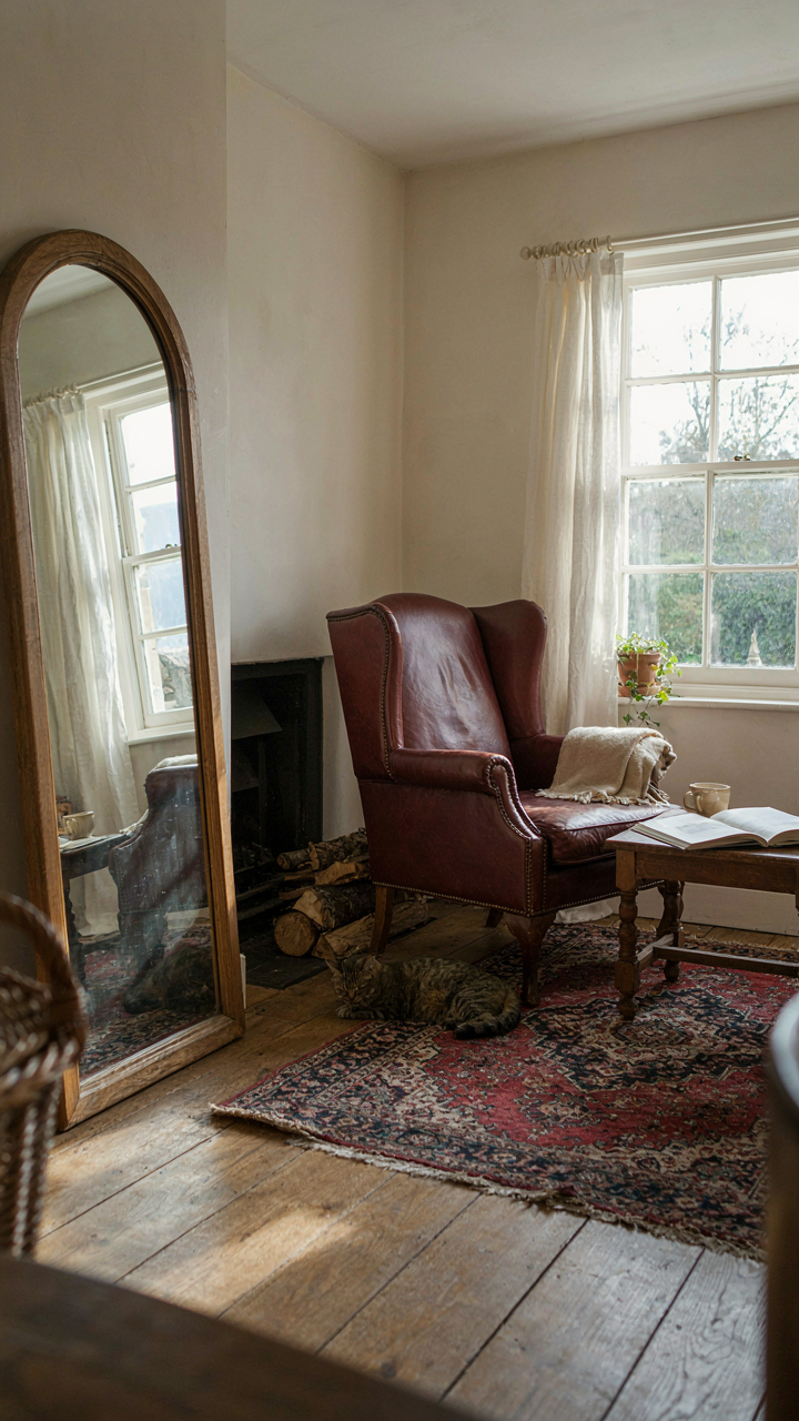 A small cottage living room with a mirror reflecting light from a window.