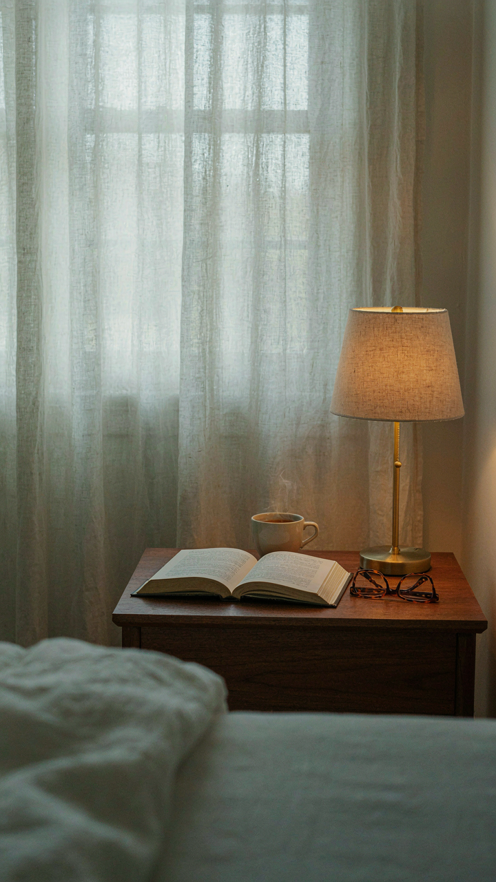 A bedside lamp illuminates a book, with soft daylight filtering through sheer curtains.
