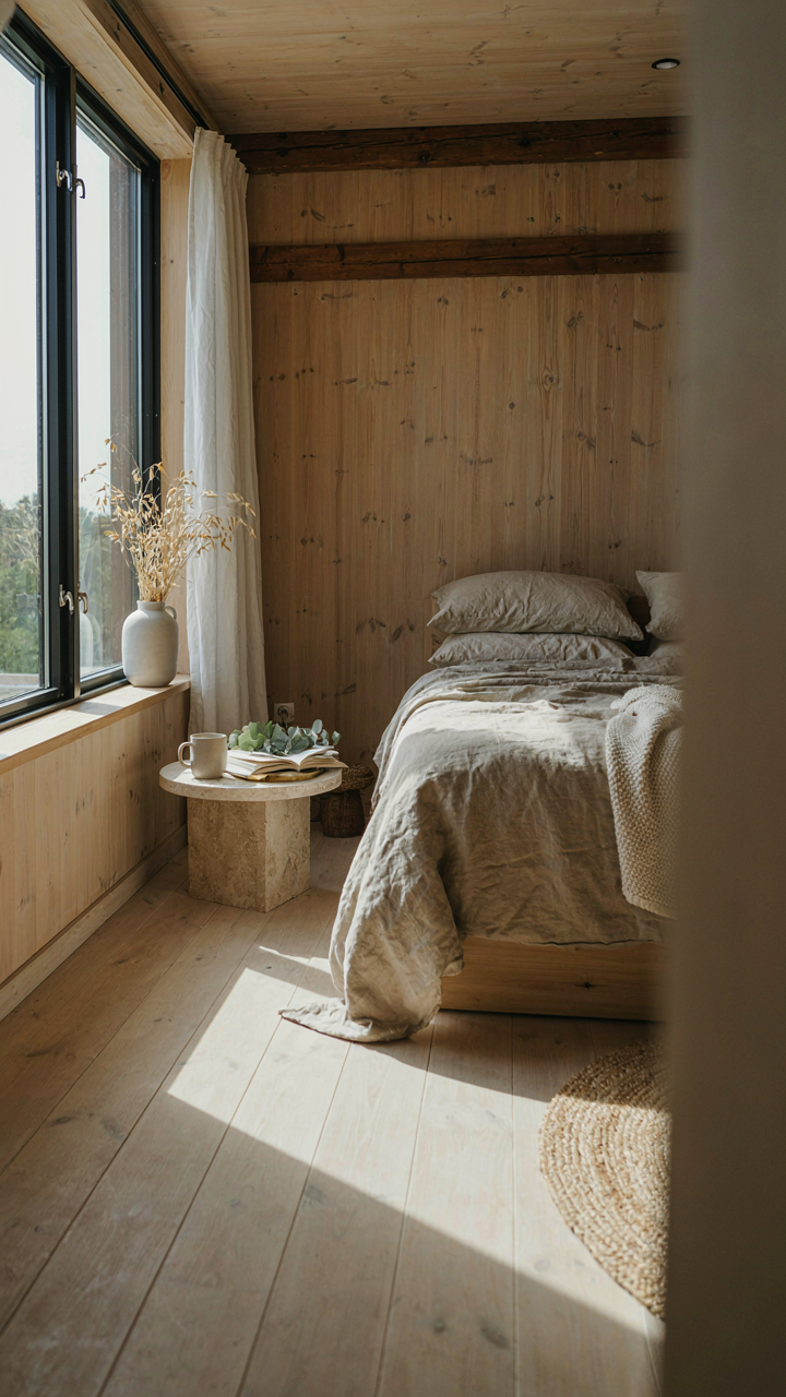 Morning sunlight shines through an east-facing window onto a bed in a cabin.