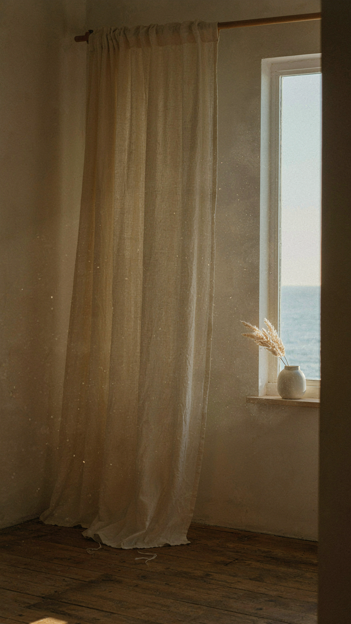 Sunlight streams through sheer linen curtains into a coastal cottage bedroom.