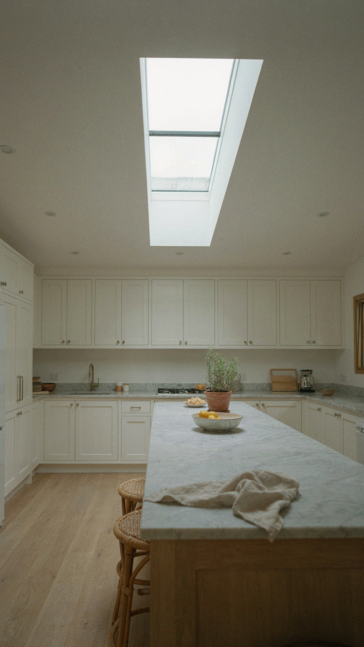 A white cottage kitchen, brightly lit by a skylight, with a clean island.