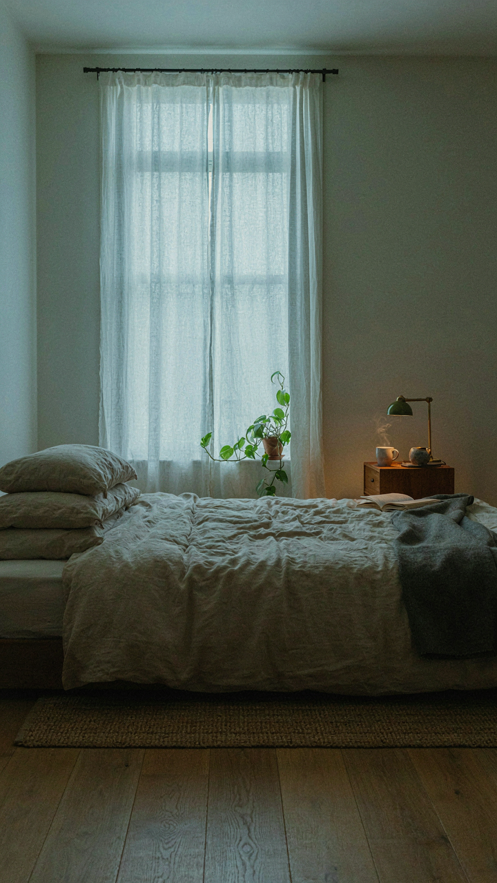 A modern rustic bedroom with a bed perpendicular to a window and a bedside lamp.