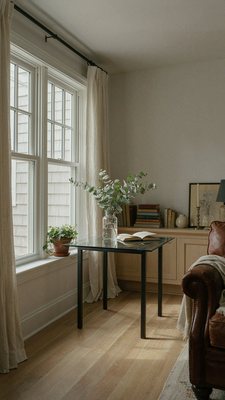 Intense sunlight fills a room with large windows and glass furniture.