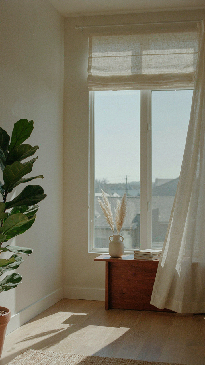 Morning sunlight streams through a window with a cream linen Roman shade.