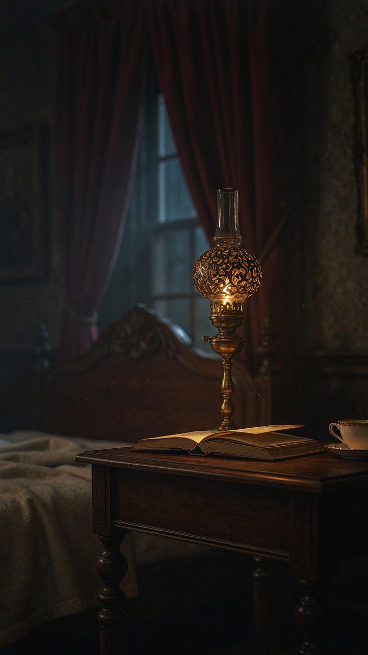 A single brass oil lamp casting a warm glow on a bedside table.